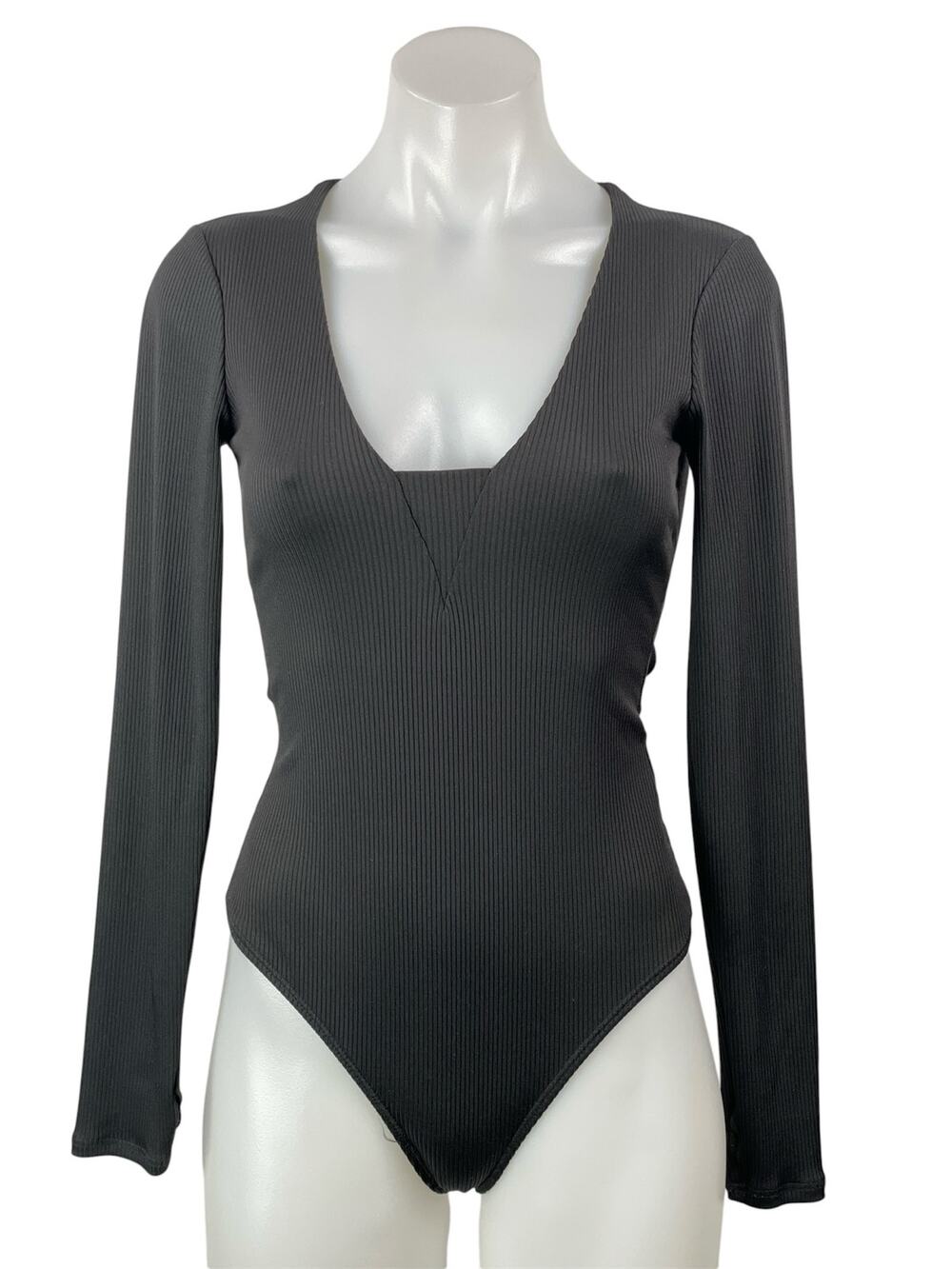 Free People FP Intimately Black Ribbed Knit Long Sleeve Thong Bodysuit Top XS